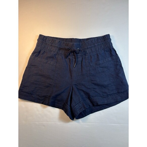 Athleta Cabo Linen 4" Short Shorts Navy Blue 4 Drawstring Waist Pockets - Picture 3 of 11